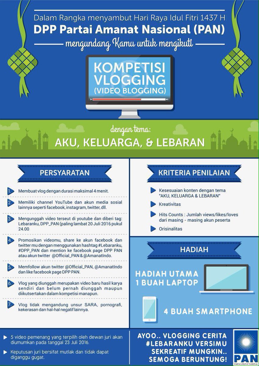 SPK_PAN's tweet photo. Yok ikuti Kompetisi Vidio Blog (Vlog) PAN dalam rangka Lebaran #KompetisiVloggingPAN https://t.co/qq324z0Z8W https://t.co/wrHHsPnqBN