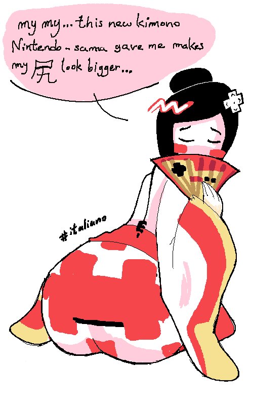 NintendoEntrtan's tweet image. "My 尻 looks so much bigger now that I'm wearing my new kimono...~" The girl blushed.