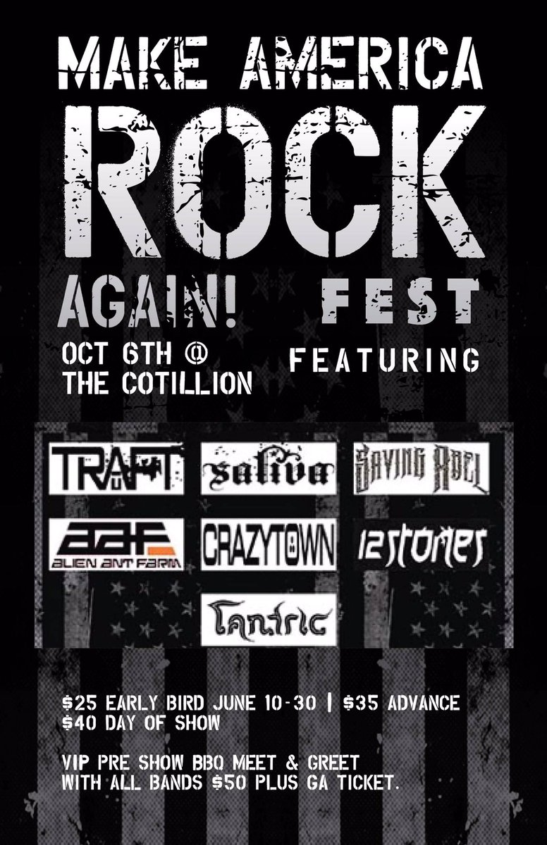 MiddleMap_Prod's tweet photo. October 6th @TheCotillion @TRAPTOFFICIAL @Saliva @alienantfarm @12Stones @CrazyTownBand  and more https://t.co/6qdEQCJjF2