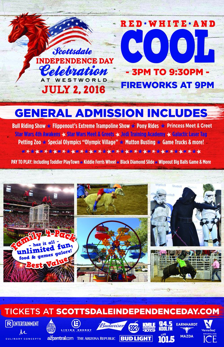 ScottsdaleInDay's tweet photo. Who's ready to be Red, White &amp; COOL this weekend at @WestWorldAZ? Join us for a day full of fun Sat July 2 3-9:30pm! https://t.co/XR0pzSqfJk