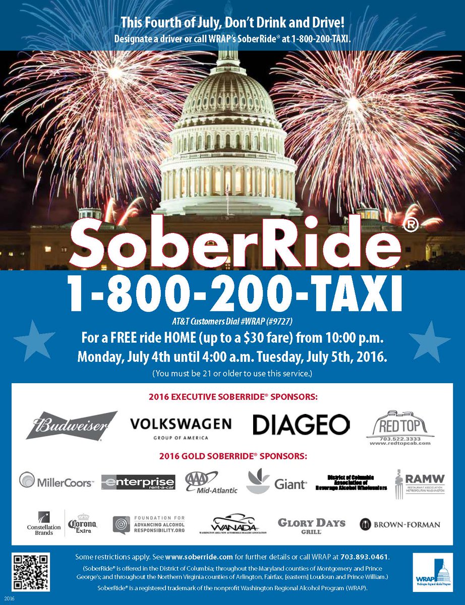 WRAP_org's tweet image. Free July 4th Cab Rides in Greater Washington to Prevent Drunk Driving #SoberRide soberride.com