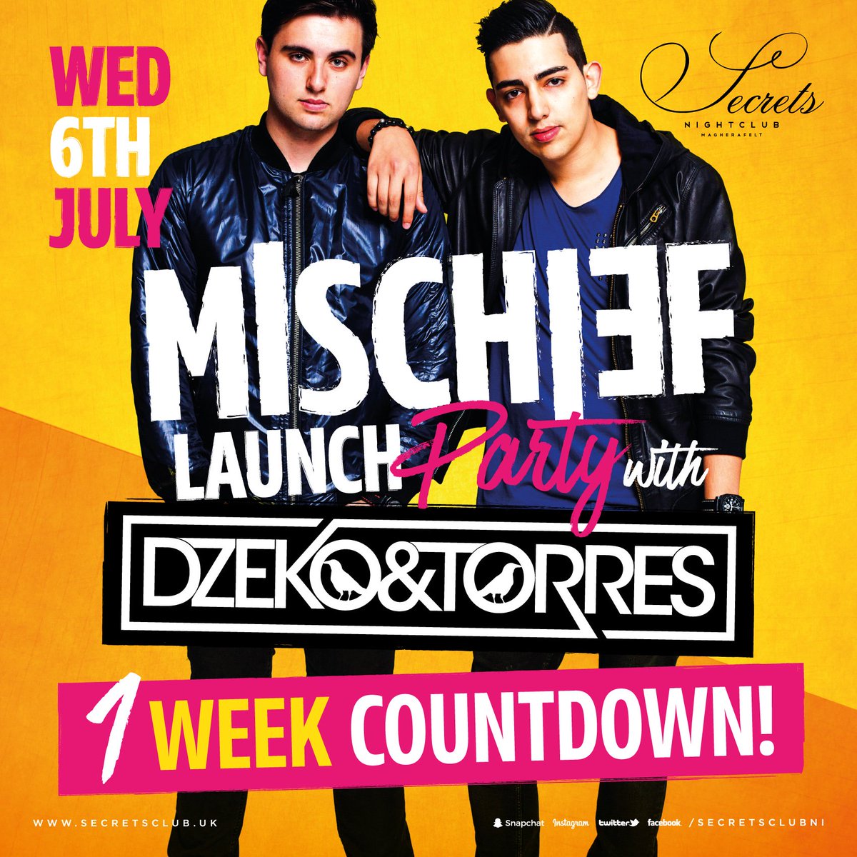 Secretsclubni's tweet photo. What are Wednesday’s for?

MISCHIEF @Secretsclubni 

Rt to WIN a £20 bar tab for the launch with @DzekoandTorres https://t.co/ZqSvoyz1O4