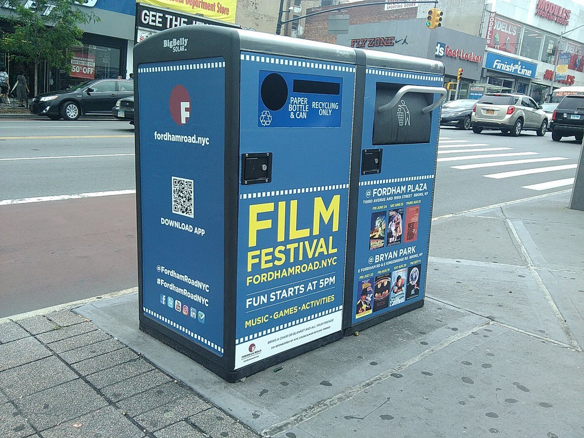 CoffeeCupDesign's tweet photo. Bigbelly Trash Can Wraparound #poster #design for Fordham Road Film Festival @FordhamRoadNYC @NYCBIDs @BigBellySolar https://t.co/hfoHQFby3J