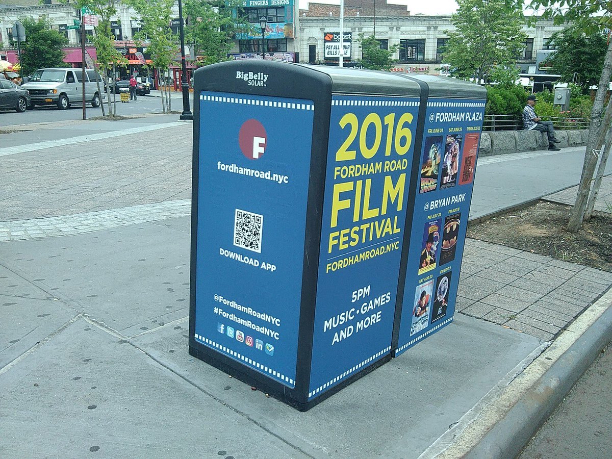 CoffeeCupDesign's tweet photo. Bigbelly Trash Can Wraparound #poster #design for Fordham Road Film Festival @FordhamRoadNYC @NYCBIDs @BigBellySolar https://t.co/hfoHQFby3J