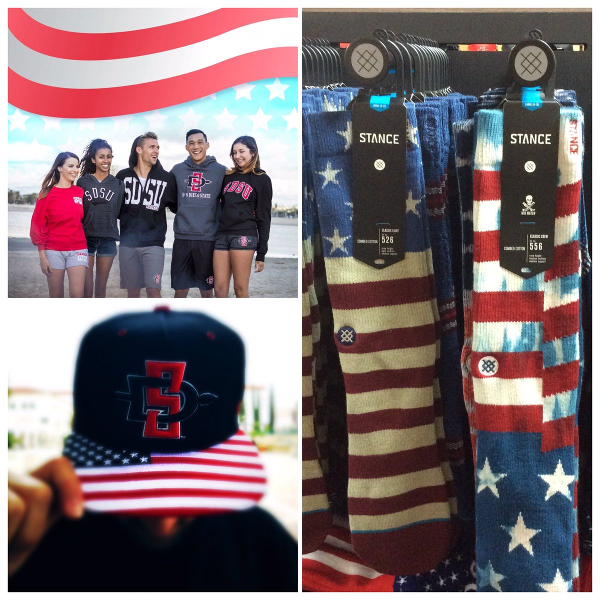 SDSUBookstore's tweet photo. Make the 4th of July a memorable highlight to your #SDSUsummer with patriotic gear from the #SDSUbookstore! πΊπΈ https://t.co/UVQS5Aznua