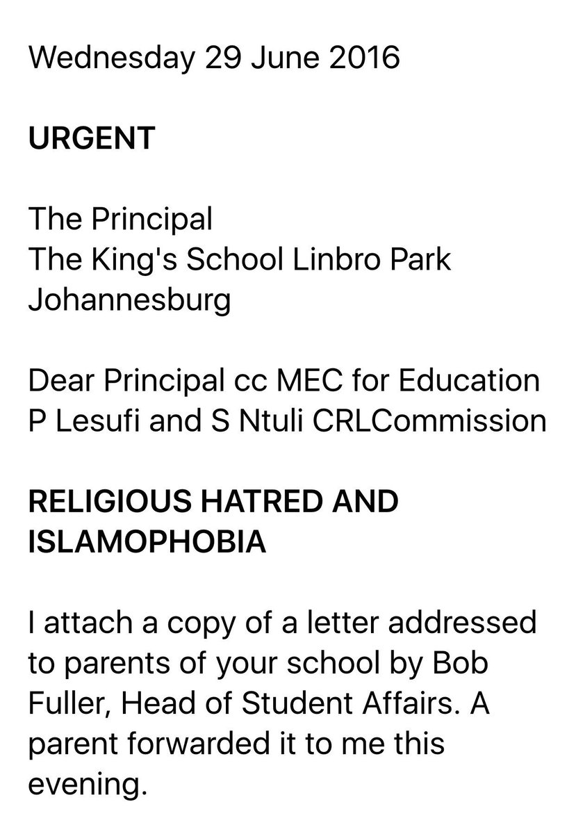 Abramjee's tweet photo. I have written to the Principal of The King's School Linbro Park about the offensive letter. Awaiting reply. @Lesufi https://t.co/iPYPxZQo1c