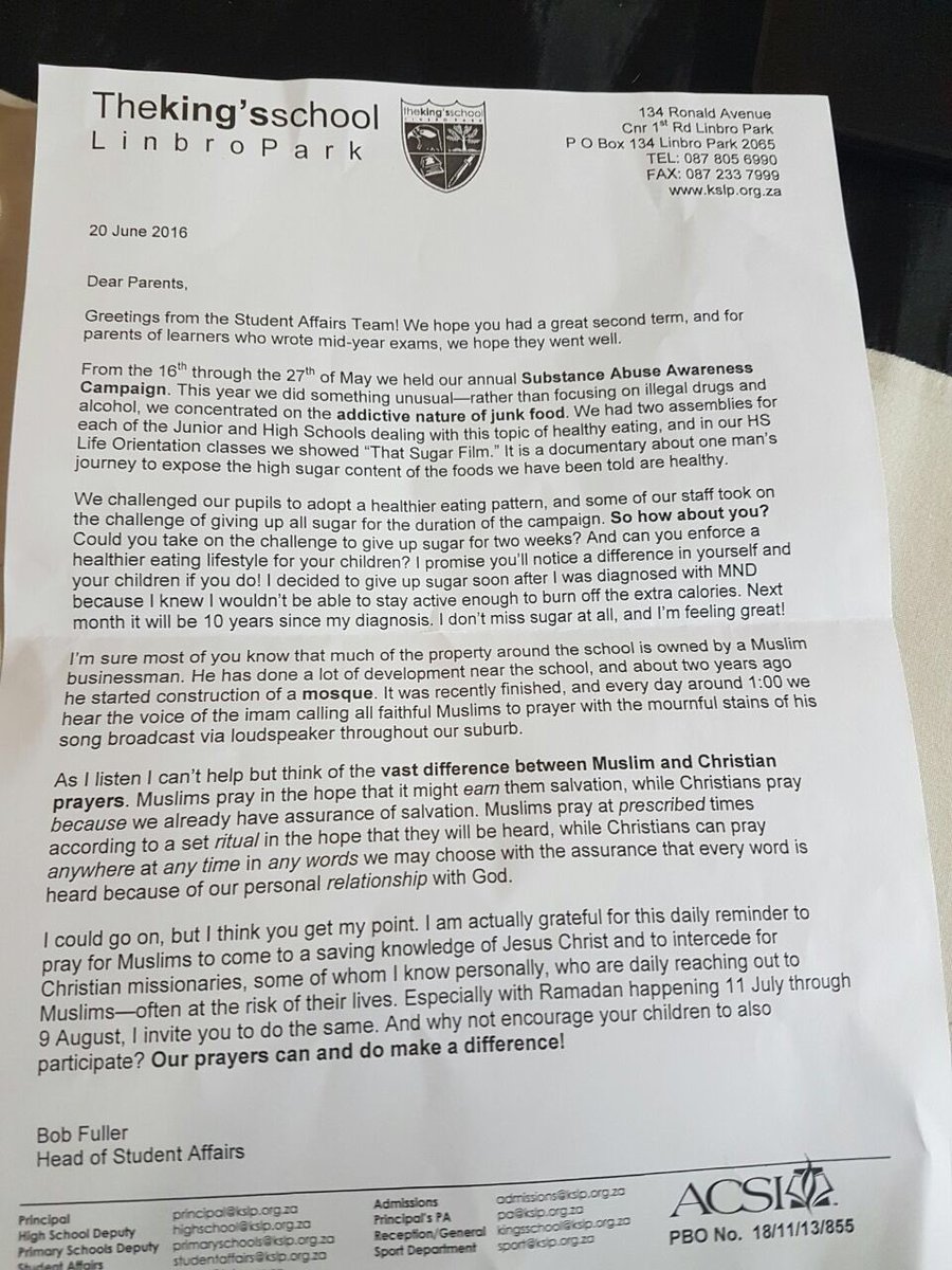 Abramjee's tweet photo. I have written to the Principal of The King's School Linbro Park about the offensive letter. Awaiting reply. @Lesufi https://t.co/iPYPxZQo1c