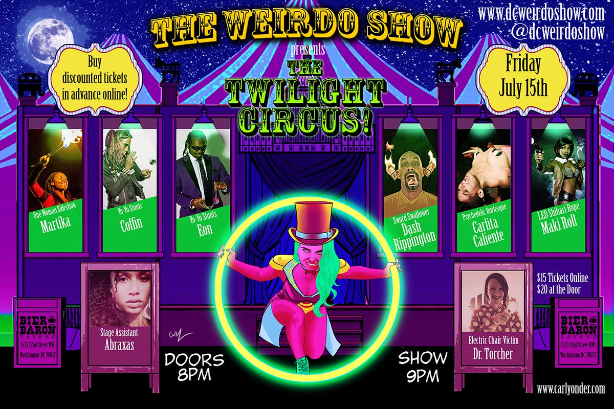 DCWeirdoShow's tweet photo. #glow #blacklight #LED #fire Fri July 15 is Twilight Circus! #yoyo stunts w #ohyesyo #swordswallowing and #shibari https://t.co/OTlY4LO6mN