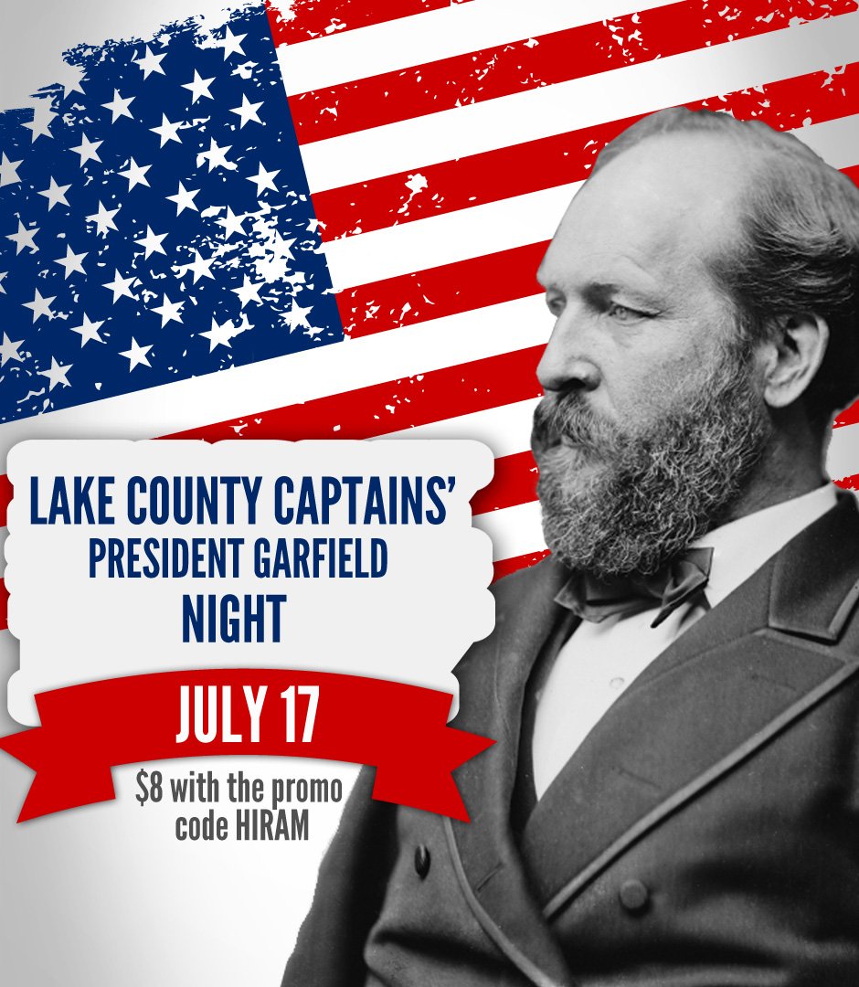 hiramcollege's tweet photo. President Garfield Night at @LCCaptains game on July 17! $8 tix w/ code HIRAM https://t.co/y6GTCRktPv @GarfieldNPS https://t.co/2rk0XKBAoI