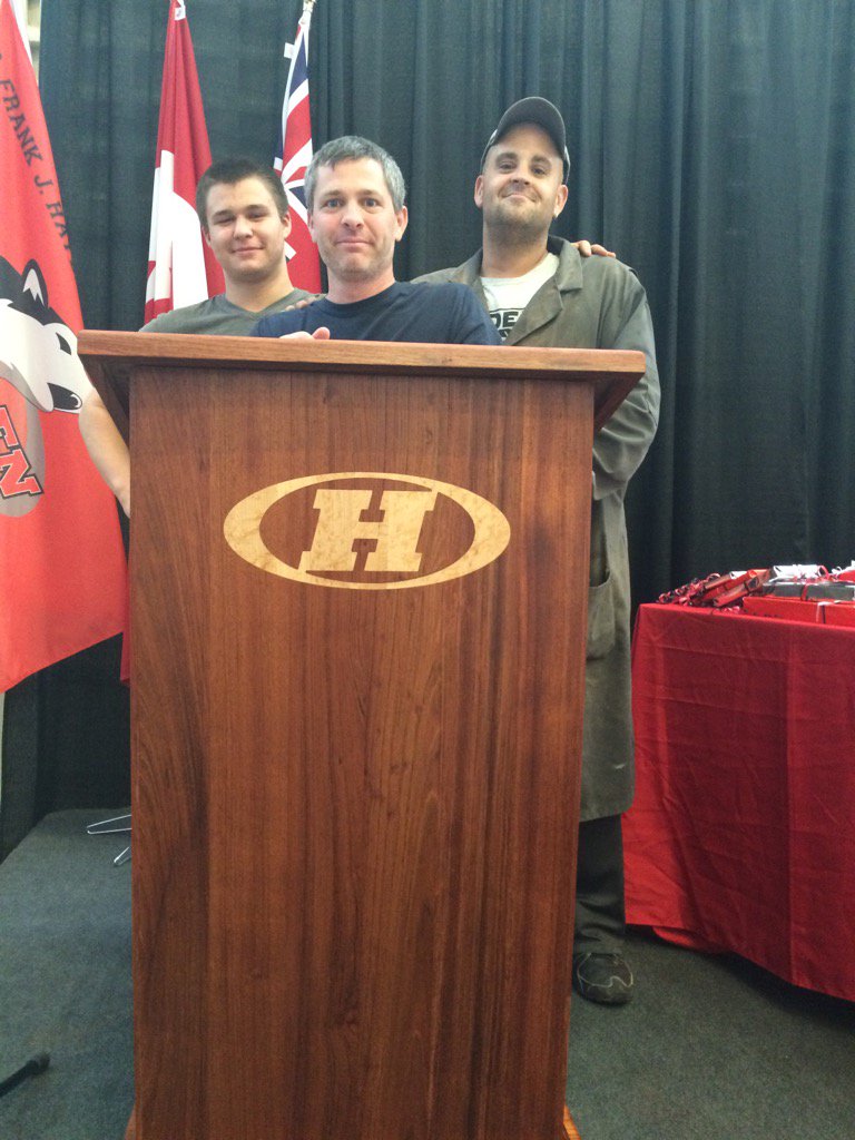 realJ_Mitchell's tweet photo. Wow! Fantastic work as @SaganCraig @MrScott_HDSB show off our new podium. #HaydenGrad2016 https://t.co/iDsY6xISJA