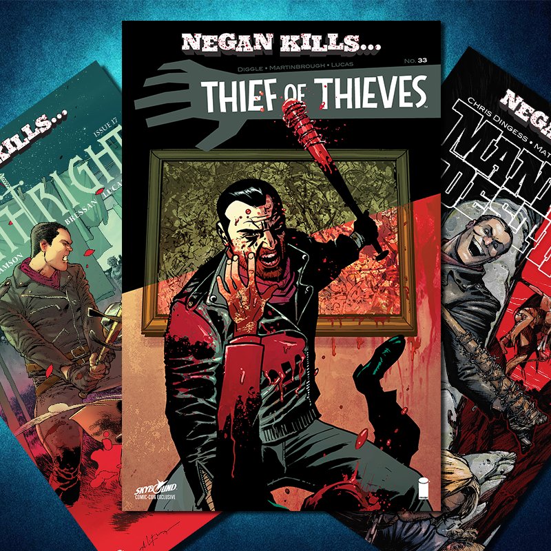 TheWalkingDead's tweet photo. Our amazing @Skybound artists drew THEIR versions of Negan in these #SDCC variant covers: https://t.co/UWOwSdgufV https://t.co/d4o3hKIboD