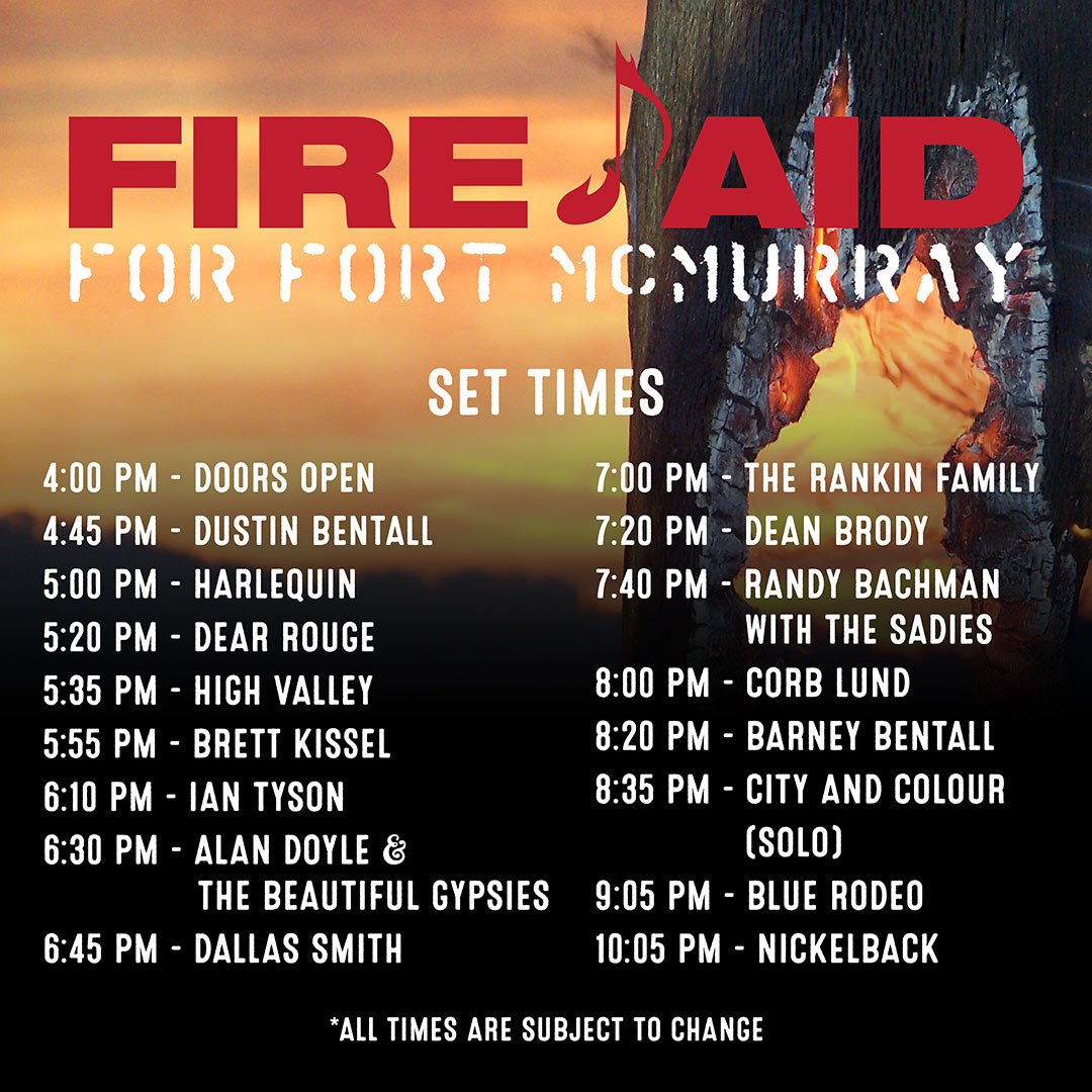 ICYMI: Here is the set list for tonight. We can’t wait to see all the groups! #FireAid4YMM #YEG