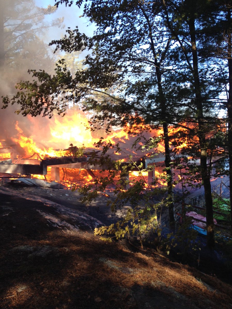 Bark lake leadership centre rec hall fully engulfed, 2 exp.,25 ff's, knocked down &amp; contained. Investigation ongoing