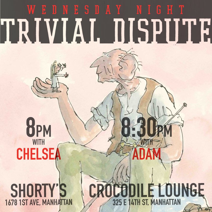 We're a BIG FRIENDLY DEAL at tonight's trivia! 8pm <a href="/ShortysTrivia/">Shorty's Trivia</a> 1st ave w Chelsea! 8:30 <a href="/CrocLoungeNYC/">Crocodile Lounge</a> w Adam!