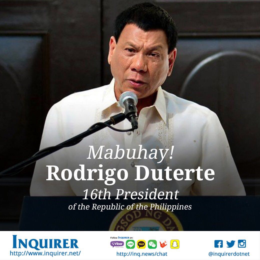 inquirerdotnet's tweet photo. BREAKING: Rodrigo Roa #Duterte just took his oath as the 16th president of Republic of Philippines! #RodyIsHere https://t.co/lXWqv38fyR