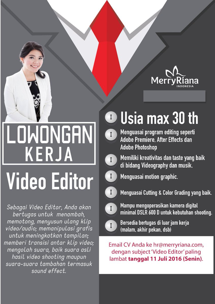 MerryRiana's tweet photo. #LOKER Video Editor. Segera kirim CV Anda. Info lebih lanjut, bisa klik https://t.co/k32pcukp3x ! :) https://t.co/K65vgtplFj