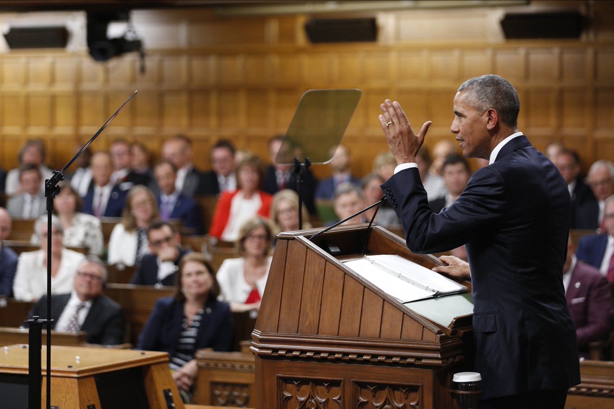 JustinTrudeau's tweet photo. Thank you, Barack, for your steadfast &amp; inspiring address tonight. It was our honour to host you in Parliament. https://t.co/1tB6Q8chrl