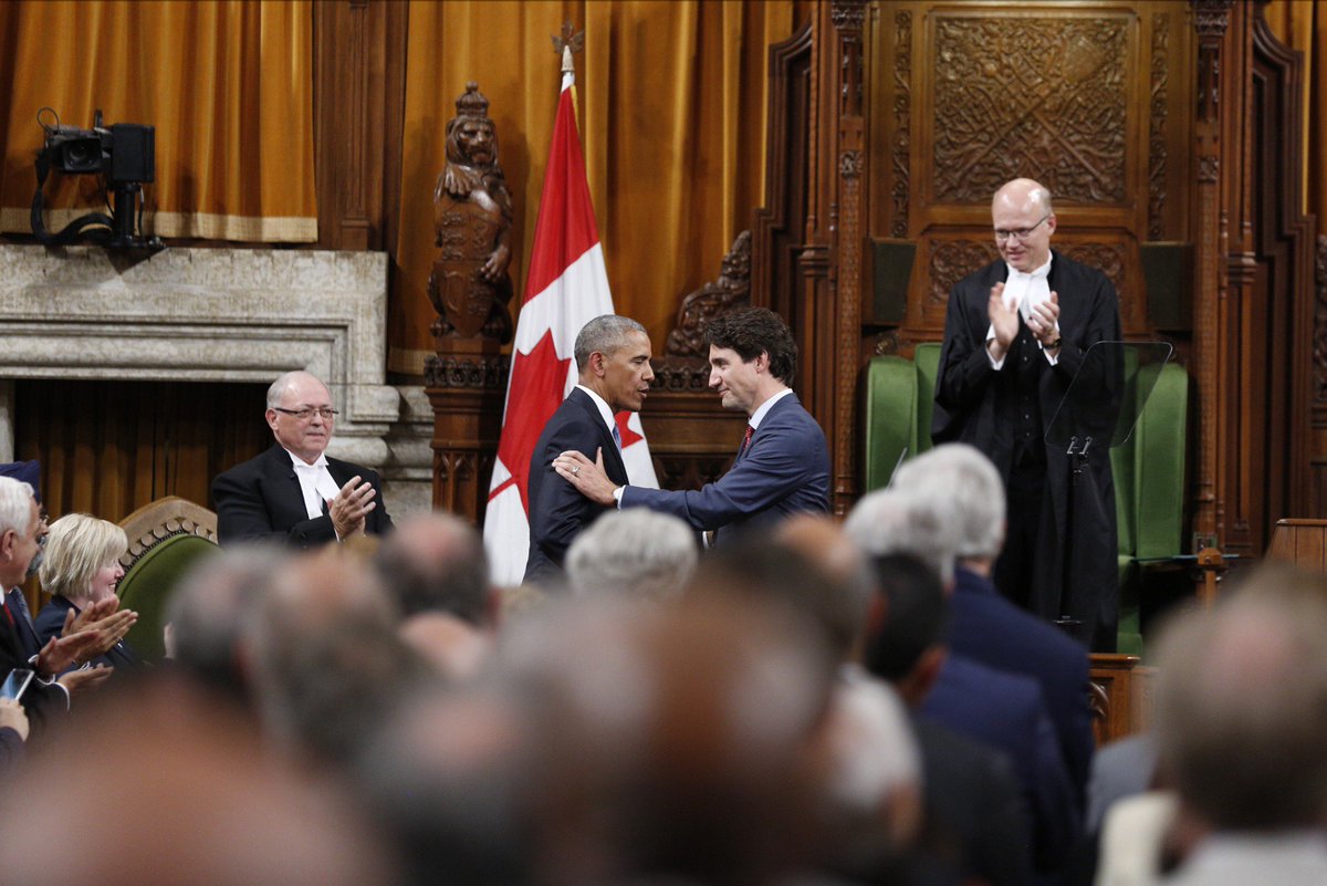 JustinTrudeau's tweet photo. Thank you, Barack, for your steadfast &amp; inspiring address tonight. It was our honour to host you in Parliament. https://t.co/1tB6Q8chrl