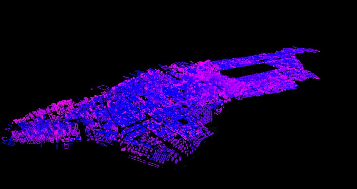 mwbeene's tweet photo. 45,000 Manhattan buildings, colored by age. Blue is the oldest. https://t.co/nYx22tAV8t