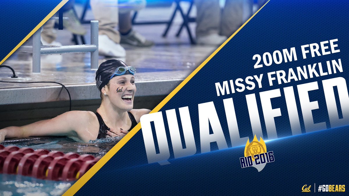 CalAthletics's tweet photo. There goes that girl! @missyfranklin takes 2nd in the 200m free to secure her spot on the US Olympic team! #GoBears https://t.co/yscsMHzrYZ