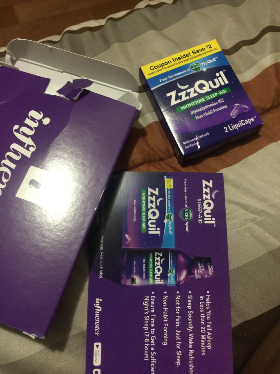 RavenMatthias's tweet photo. Got my zzz quil in the mail today lord knows how much I needed this working two jobs during the week this #zzzquil https://t.co/R3dktMCIRB