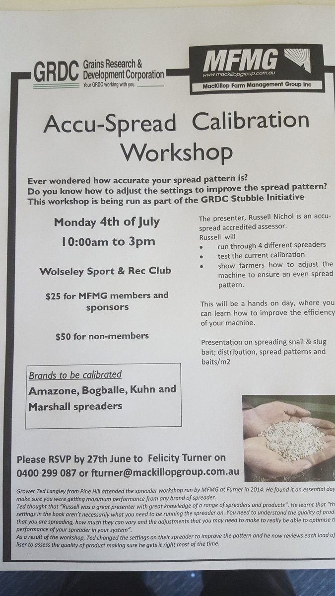 flicturner's tweet photo. Spreader workshop Monday. Venue change to 235 Langley Rd. (Langleys Woolshed). Please RSVP. @Mackillopfarm @Big_roo1 https://t.co/xQBepyY2SR