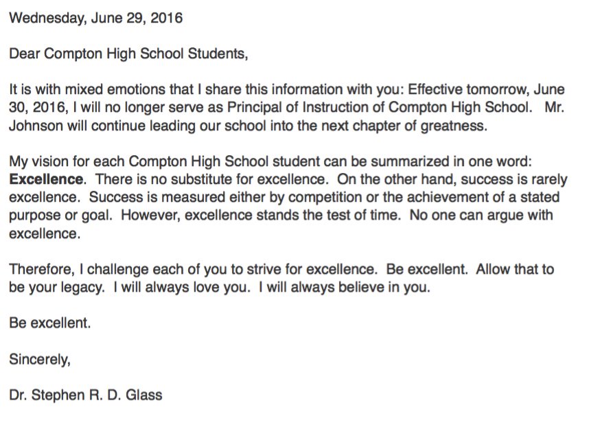COMPTONHSNEWS's tweet photo. @ComptonHSASB:

It was an honor to serve as your Principal.  
I will miss you.

Dr. Glass 
https://t.co/k7lVVbqlIW