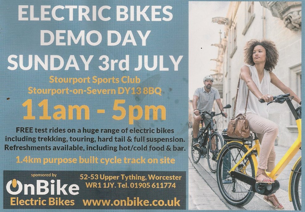 BewdleyOutdoors's tweet photo. Electric Bikes Demo Day This Sunday 11am - 5pm at Stourport Sports Club, hosted by OnBike https://t.co/Dt1ABEKHZT