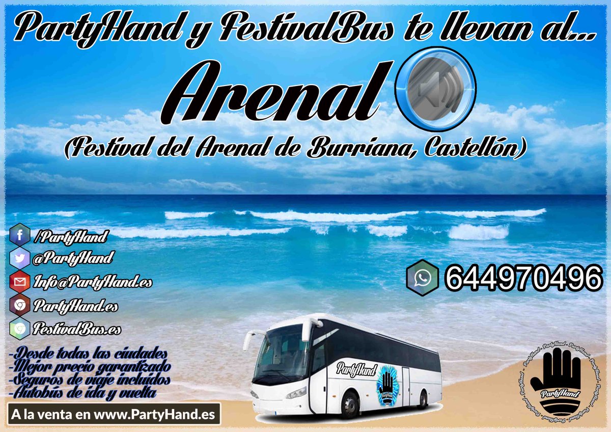 PartyHand's tweet image. En breves subidas de precios de los buses a #Dreambeach2016 y #ArenalSound2016 🌅🎉
Reserva el tuyo en PartyHand.es 🚍🚍