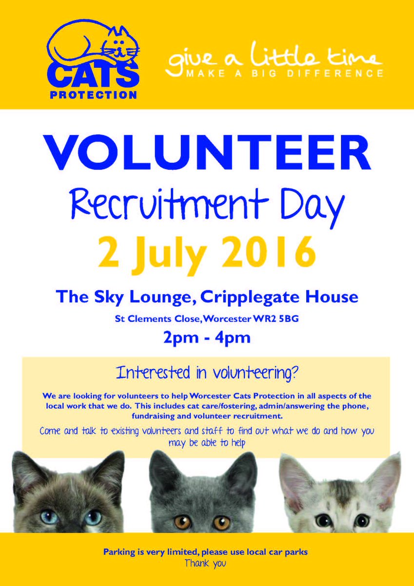 WorcesterVC's tweet photo. @CatsProtection Volunteer Recruitment Day 2 July, Sky Lounge, Cripplegate House, Worcester https://t.co/sFaJkFBYRD