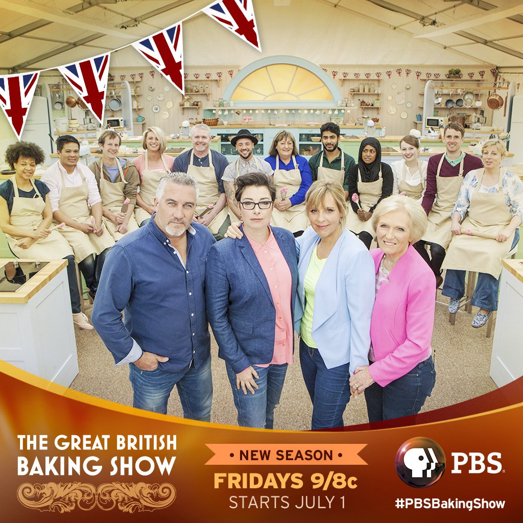 PBS's tweet photo. The Great British Baking show is back for a third season! Don’t miss the July 1 premiere. #PBSBakingShow https://t.co/iqPjyGP8Va