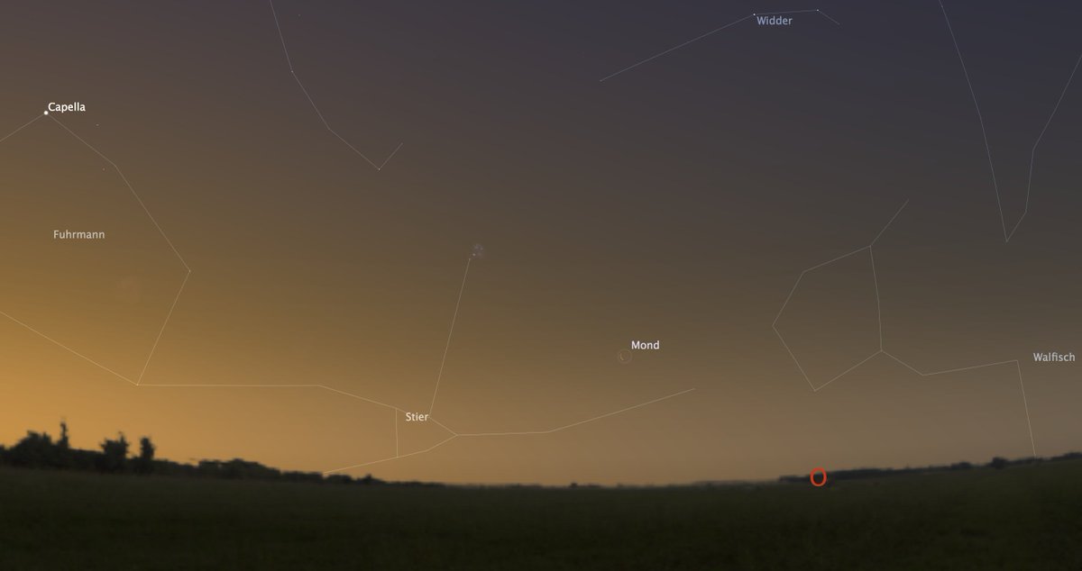sternwarte_hann's tweet photo. Zweiter #Astrotipp für die kommende Nacht: Morgen früh gegen 4 Uhr steht die #Mondsichel mit den #Plejaden im Osten https://t.co/HemApGUeIo