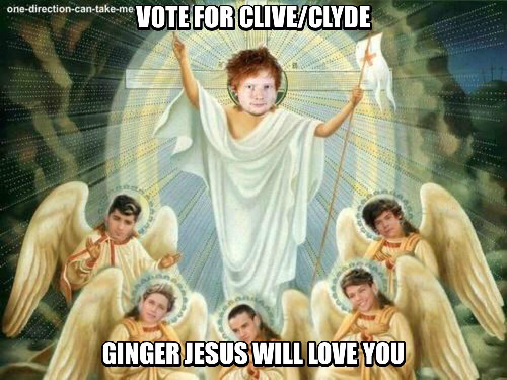 Unicorn4Punk's tweet photo. Ginger jesus loves you @Joe_Sugg @Caspar_Lee #VoteForClive #VoteForClide #VoteForClyde https://t.co/LGLcwK3VRV