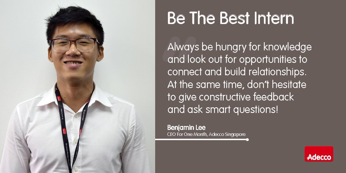 AdeccoSingapore's tweet photo. Our #CEO1Month shares with us his tip for interns to make the most out of their internships! #BeTheBestIntern https://t.co/T3opPYLUz4