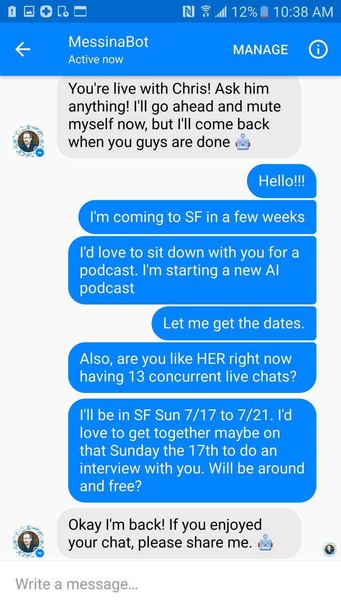 voicesofai's tweet photo. I live chatted with @chrismessina via #MessinaBot. It was a surreal mix of human chat with random bot interjections https://t.co/BhUe6Rkkua