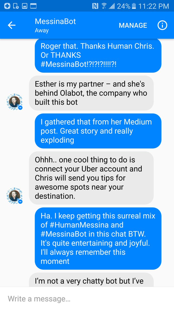 voicesofai's tweet photo. I live chatted with @chrismessina via #MessinaBot. It was a surreal mix of human chat with random bot interjections https://t.co/BhUe6Rkkua