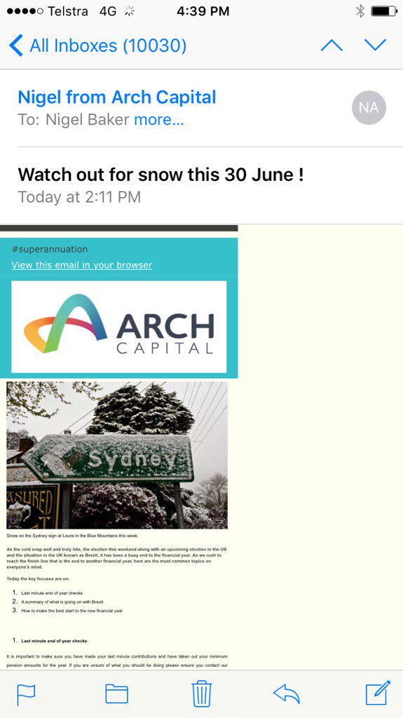 ArchCapitalAU's tweet photo. Here is our 30 June newsletter Snow in Sydney on 30 June some last minute actions to take #30JUNE2016 https://t.co/zpYsyIaakQ
