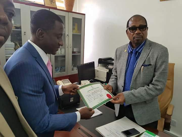 INEC has issued a Certificate of Return to Uche Ogah as the new Governor of Abia State [Courtesy Sahara Reporters]