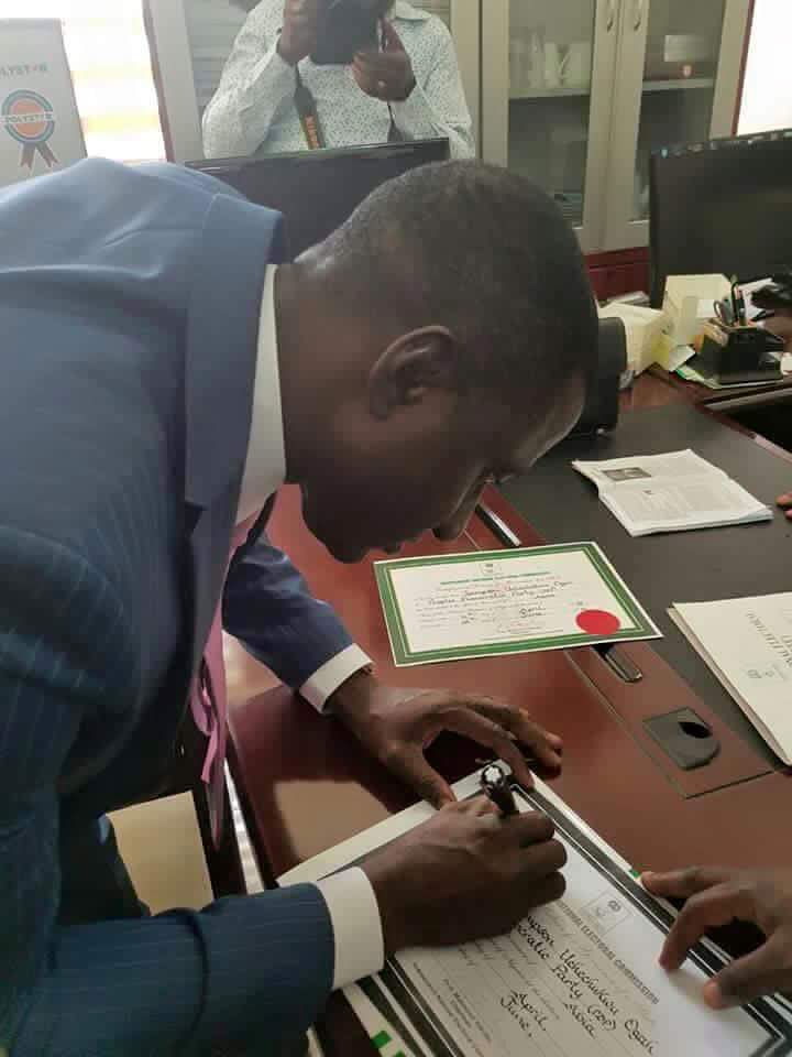 INEC has issued a Certificate of Return to Uche Ogah as the new Governor of Abia State [Courtesy Sahara Reporters]