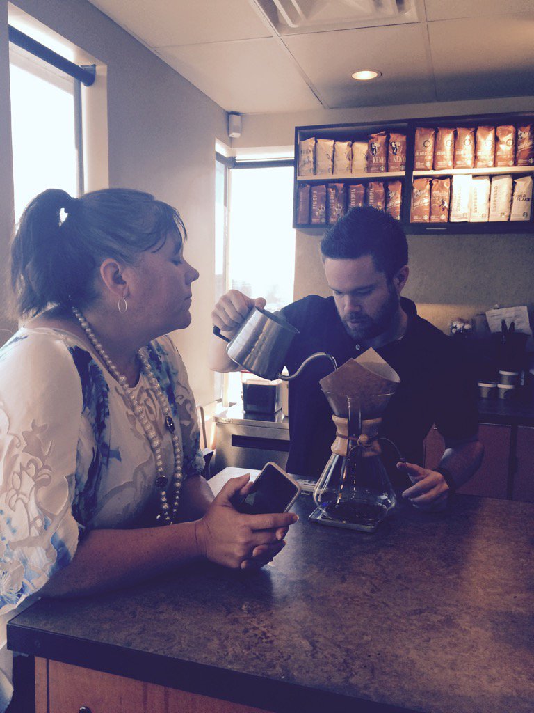LillianAgee's tweet photo. Coffee in a chemrex! Look who's about to try it!!#a120 https://t.co/vcwagEfIYE