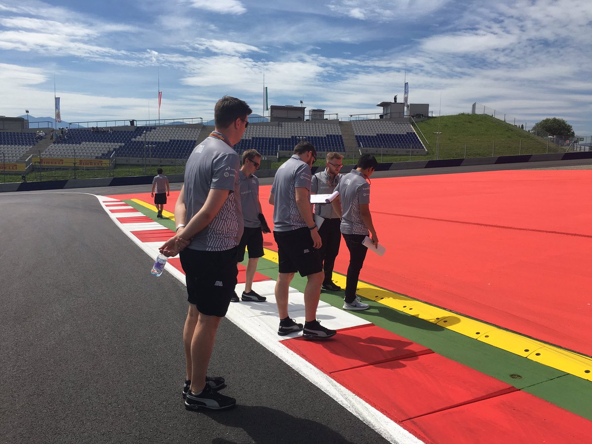 ManorRacing's tweet photo. This track is a massive uphill battle (on foot). Thankfully they've stopped to examine the sausage kerb update 😰 https://t.co/PZIHCoC1WW