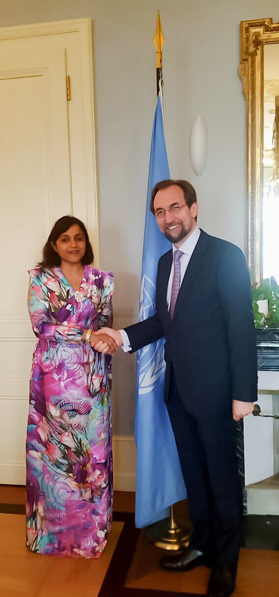 MDVinGeneva's tweet photo. #MV FM Dunya Maumoon meets w/ #UN HC for HR Zeid Al Hussein on continued dialogue &amp; cooperation b/w Govt and OHCHR https://t.co/m0DizIKquJ