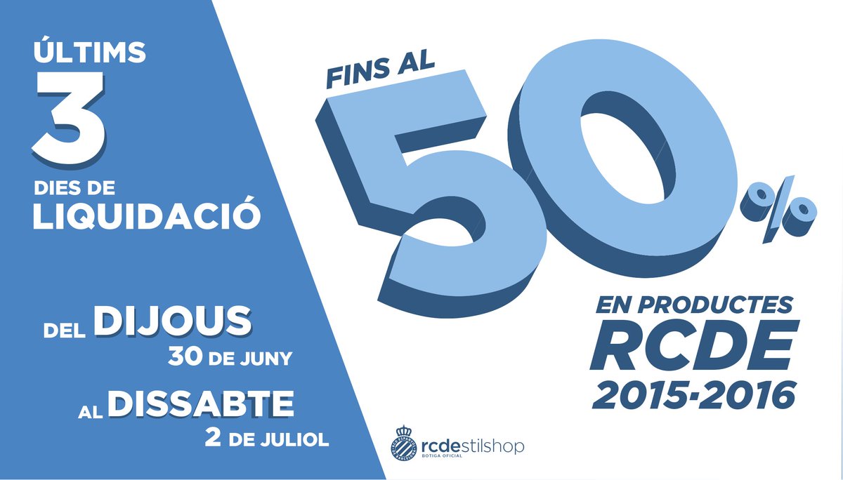 RCDEspanyol's tweet photo. Últims dies! Descomptes fins al 50% a les nostres botigues oficials! https://t.co/nQEMzDGKVY https://t.co/WJPO85vs2u