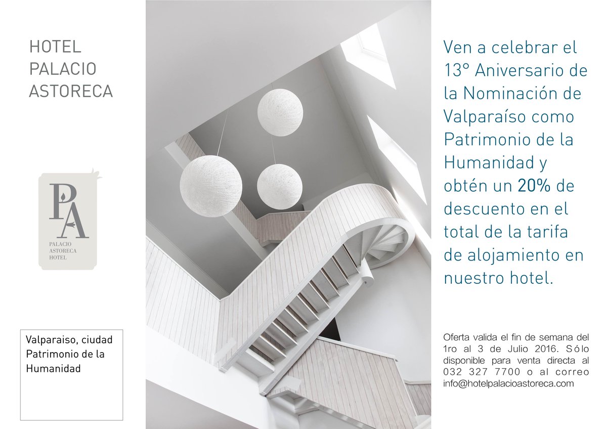 palacioastoreca's tweet photo. 13° Aniversario de la Nominación de Valparaíso como  Patrimonio de la Humanidad: obtén 20% de descuento en el hotel. https://t.co/uYBX1t399F