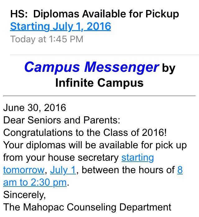 Mahopac2016's tweet photo. Sorry for the confusion, everyone!😬 Diploma pick up starting tomorrow!!!🎓 https://t.co/j7RTxosLDC