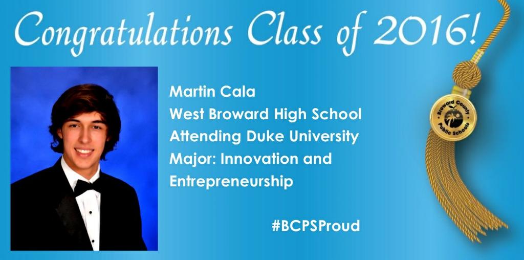 browardschools's tweet photo. Congratulations to Martin Cala from West Broward High School! #BCPSProud    
@WestBrowardHigh @DukeU https://t.co/CR2UFxhcWM
