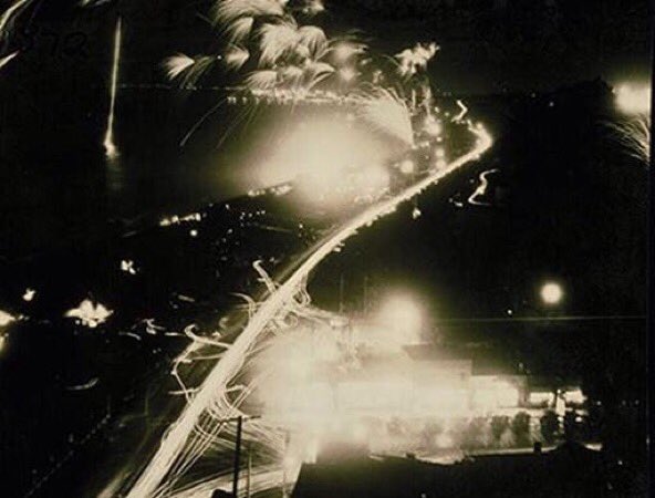 4th of July fireworks along the Santa Monica coast, circa 1950.