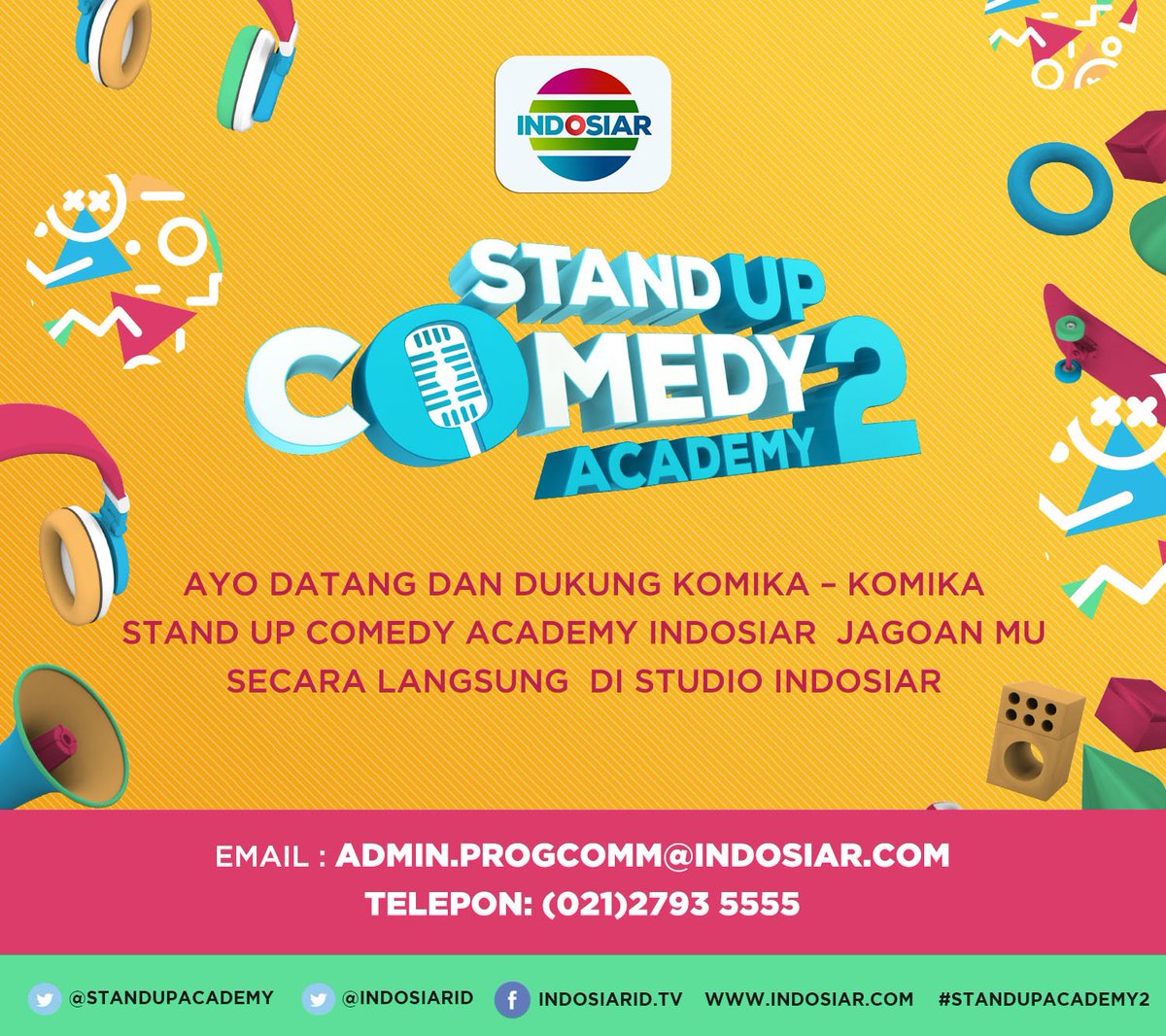 Indosiar's tweet photo. Cek info di poster ini kalau kamu ingin nonton langsung komika #StandUpAcademy2 favoritmu! https://t.co/Ln5JxkXr38