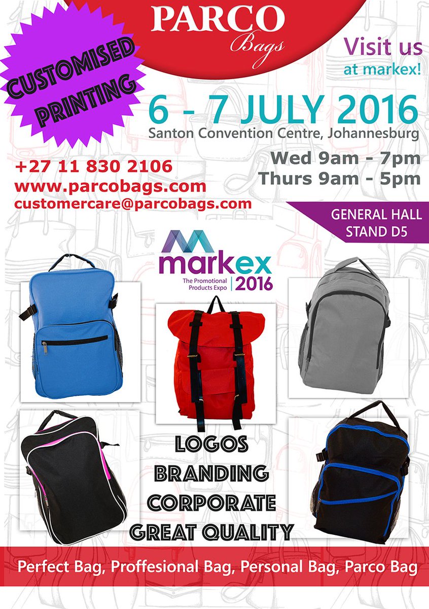 ParcoBags's tweet photo. #ParcoBags @MarkexSA #6-7July2016 #StandD5 #SandtonConventionCentre #CustomisedPrintingAvailable #CustomisedDesigns https://t.co/wGI7wCeCfR
