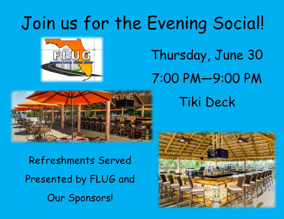 flugsite's tweet photo. Join us tonight for the Evening Social out on the tiki deck from 7:00-9:00 PM. Presented by FLUG and our sponsors! https://t.co/0FsAQE2p4c